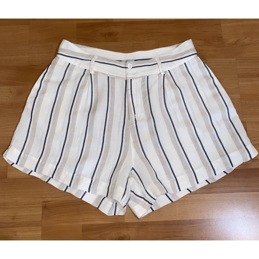 Rails Katy Coco Ivory Blue Beige Striped Pleated Linen Blend Size L Shorts Women